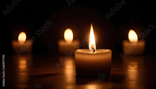 candle light in the middle of a dark room with no people fire makes different figures dark shadows on the background style