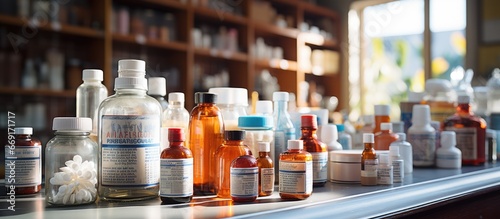 Medicines on pharmacy shelves, bright display photo