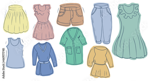 clothing set hand drawn sketch doodle coloring, jeans, trousers. dress, shorts, T-shirt, skirt outfit elements separately on a white background wardrobe shopping