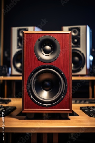 A pair of speakers sitting on top of a wooden table. Perfect for music lovers or audio enthusiasts.