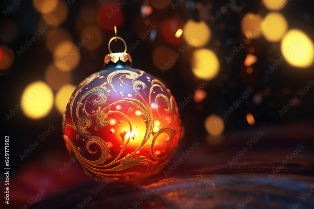 Fototapeta premium A festive red and gold Christmas ornament placed on a table. Perfect for holiday decorations or adding a touch of elegance to any Christmas-themed project.