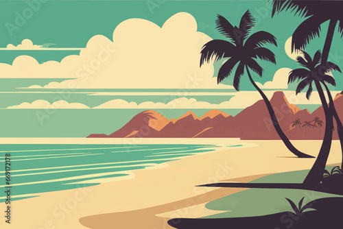 vector illustration of a beach with a beautiful palm trees vector illustration of a beach with a beautiful palm trees tropical landscape with palm and palm trees in the ocean. © Shubham