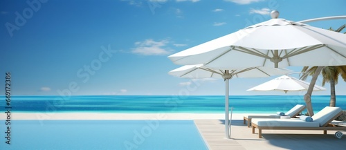 Opulent Poolside with Loungers Overlooking the Sea. Generative ai © Scrudje