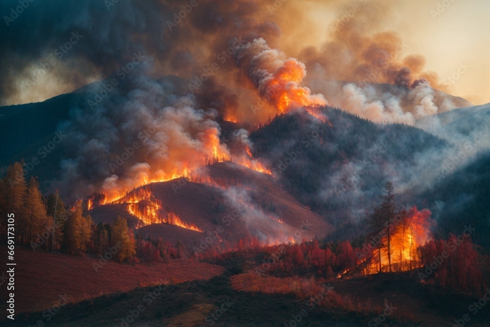 Forest fire in the mountains at sunset. The concept of natural disaster Forest fire in the mountains at sunset. The concept of natural disaster