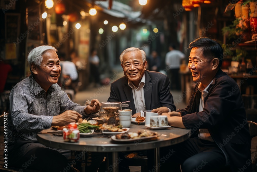 group of retired Asians in a bar