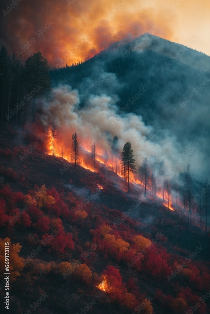 Forest fire in the mountains at sunset. The concept of natural disaster