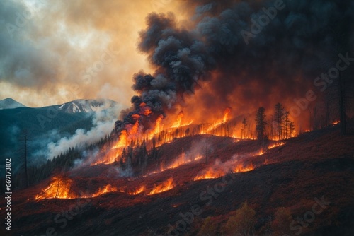 Forest fire in the mountains at sunset. The concept of natural disaster © Viewvie
