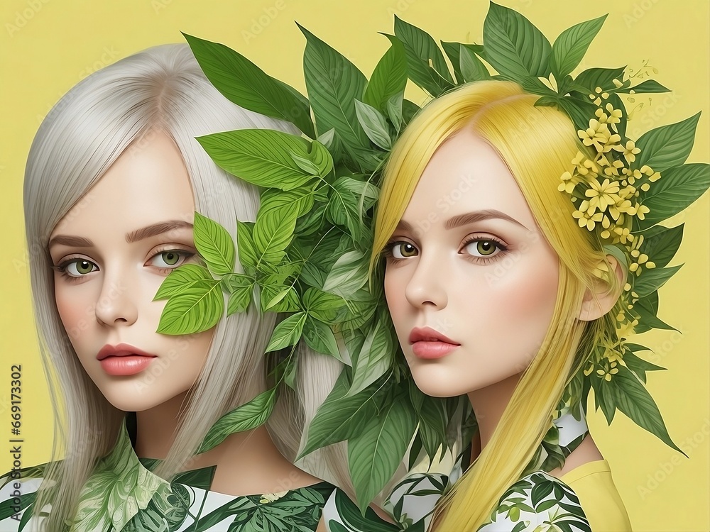 Beautiful woman faces with leaves and flora on yellow background. Botanical Wall Art Boho Print. Vector Minimal Floral. Foliage Line Art Drawing with Woman Face. Abstract Plant Design. Tattoo concept Beautiful woman faces with leaves and flora on yellow background. Botanical Wall Art Boho Print. Vector Minimal Floral. Foliage Line Art Drawing with Woman Face. Abstract Plant Design. Tattoo concept