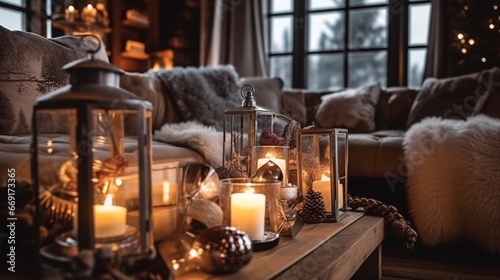 Cozy living room. Christmas and New Year holidays background. Christmas tree, candles, bokeh lights and fireplace