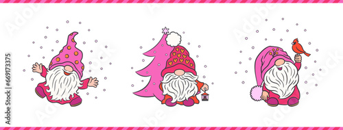 Cute Christmas characters fun gnomes winter outdoor fun. Pink magenta color palette. Pinkmas trend vector illustration. Xmas scandinavian gnome, pink christmas tree, cardinal bird, snow season.