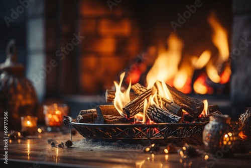 Cozy living room. Christmas and New Year holidays background. Christmas tree, candles, bokeh lights and fireplace. photo
