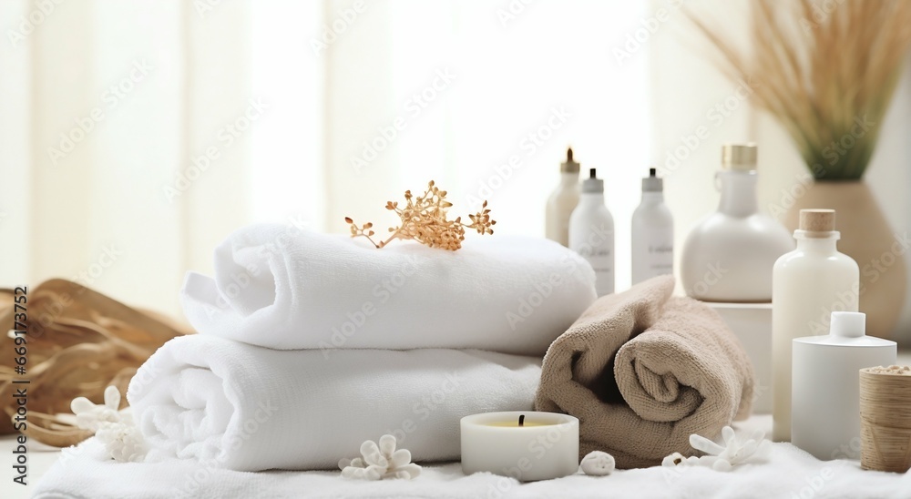 Serene Spa Ambiance: Towels and Herbal Treatments in White Space. Generative ai