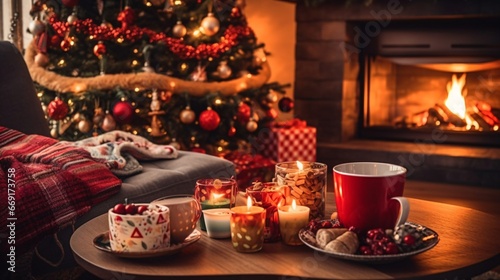 Cozy living room with candles, fireplace and christmas decorations. Vintage style. Interior of a cozy living room with a fireplace, a Christmas tree and gifts.