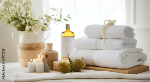 Serene Spa Ambiance: Towels and Herbal Treatments in White Space. Generative ai