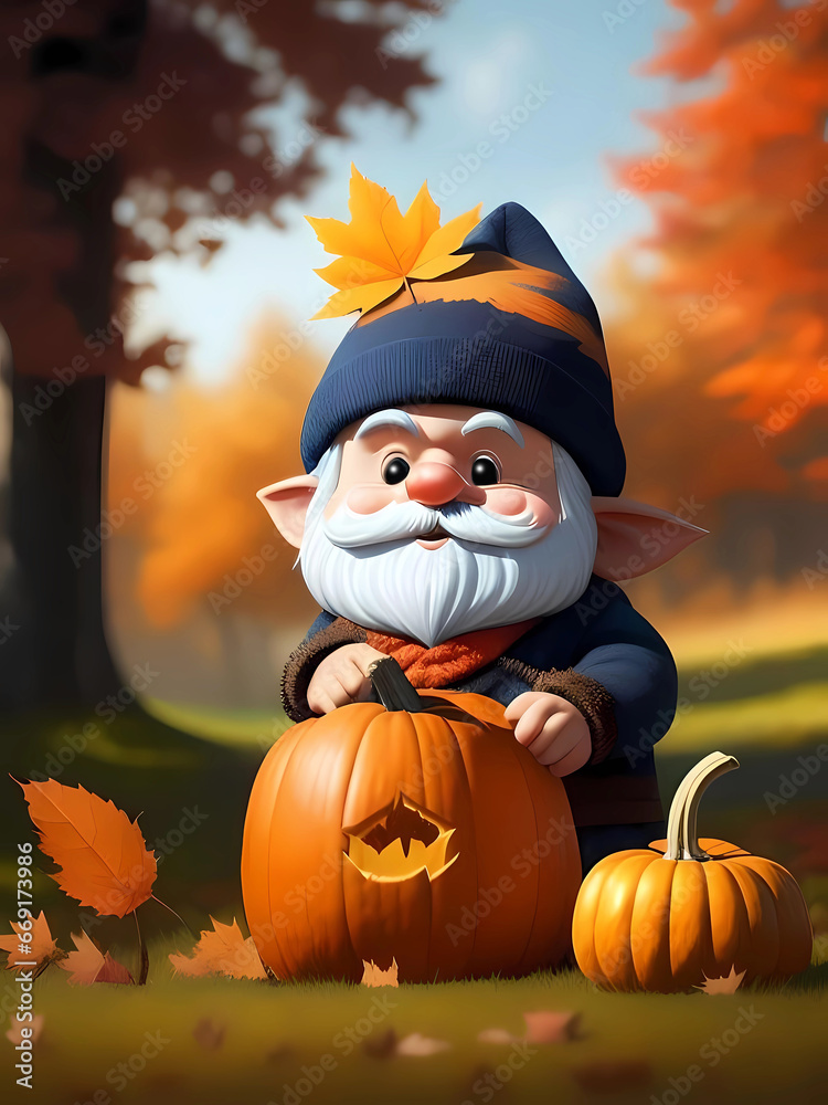 Naklejka premium Cute Fall Gnome In Autumn Season Leaves With Pumpkins. Generative AI
