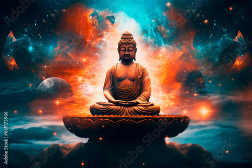 buddha scultpure meditating in lotus position blue and orange cosmos background