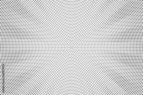 Radial halftone gradient background. Dotted concentric texture with fading effect. Black and white circle shade background. Monochrome dotted pattern. 