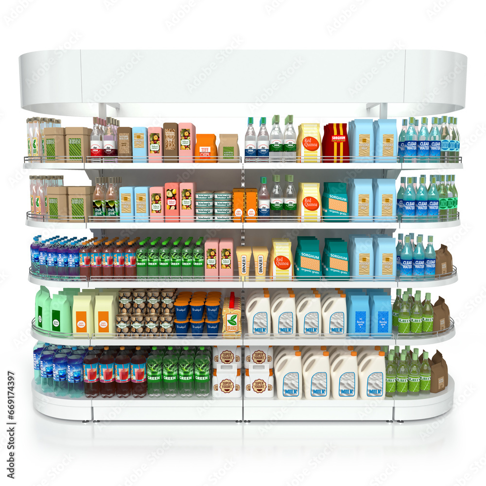 Shelf rack, display case for a supermarket with display of goods. 3d illustration