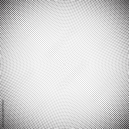 Radial halftone dots background. Spotted and dotted stains gradient background. Concentric comic texture with fading effect. Grunge monochrome geometric backdrop. Vector illustration. 