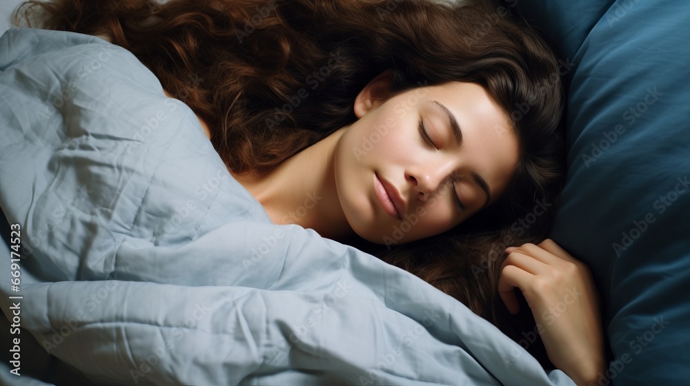 Top View of Beautiful Young Woman Sleeping Cozily on a Bed in His Bedroom at Night. Blue Nightly Colors with Cold Weak Lamppost Light Shining Through the Window. Top View of Beautiful Young Woman Sleeping Cozily on a Bed in His Bedroom at Night. Blue Nightly Colors with Cold Weak Lamppost Light Shining Through the Window.