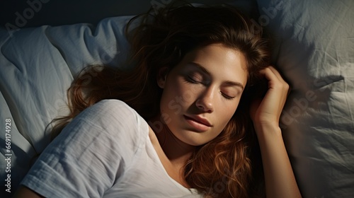 Beautiful Young Woman Sleeping Cozily on a Bed in Her Bedroom at Night. Blue Nightly Colors with A Warm Lamppost Light Shining Through the Window.