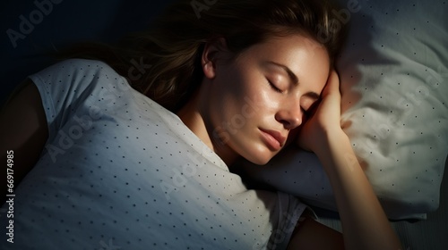 Beautiful Young Woman Sleeping Cozily on a Bed in Her Bedroom at Night. Blue Nightly Colors with A Warm Lamppost Light Shining Through the Window.