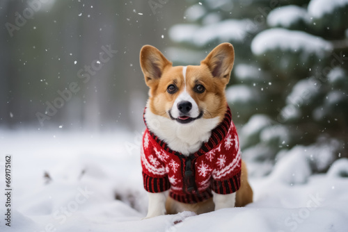 An adorable, charming corgi dog an ugly Christmas sweater, sitting in snowdrift outside amid snow covered fir trees, spreading holiday cheer, background with copy space
