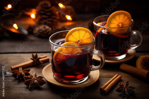 Two glasses of steaming Christmas mulled wine with fragrant touch of spices, citrus slices, cinnamon, anise, and orange on blurred xmas background with bokeh
