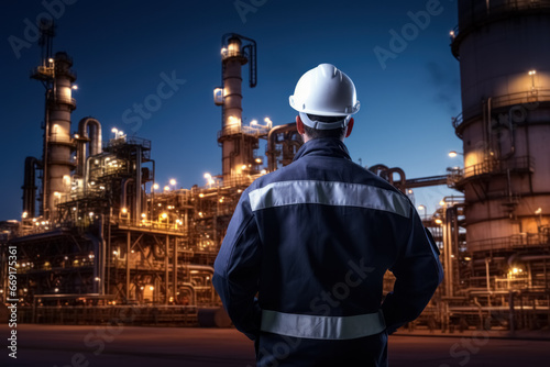 In the midst of the industrial landscape, focused engineer with protective helmet supervises work at an oil and gas refinery, back view