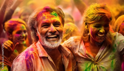 Joyful portrait of an affectionate adult caucasian couple celebrating vibrant Holi festival, their faces are decorated with multicolored powder, experience moments of happiness and unity with people