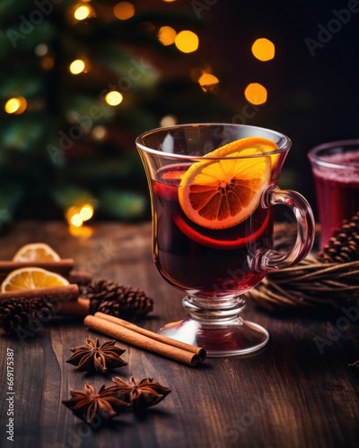 Winter drink of season one glass of Christmas hot mulled wine, garnished with spices, citrus, cinnamon, anise, and orange on blurred xmas wooden background with bokeh