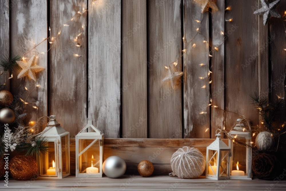 Wooden wall with christmas decoration and christmas gifts