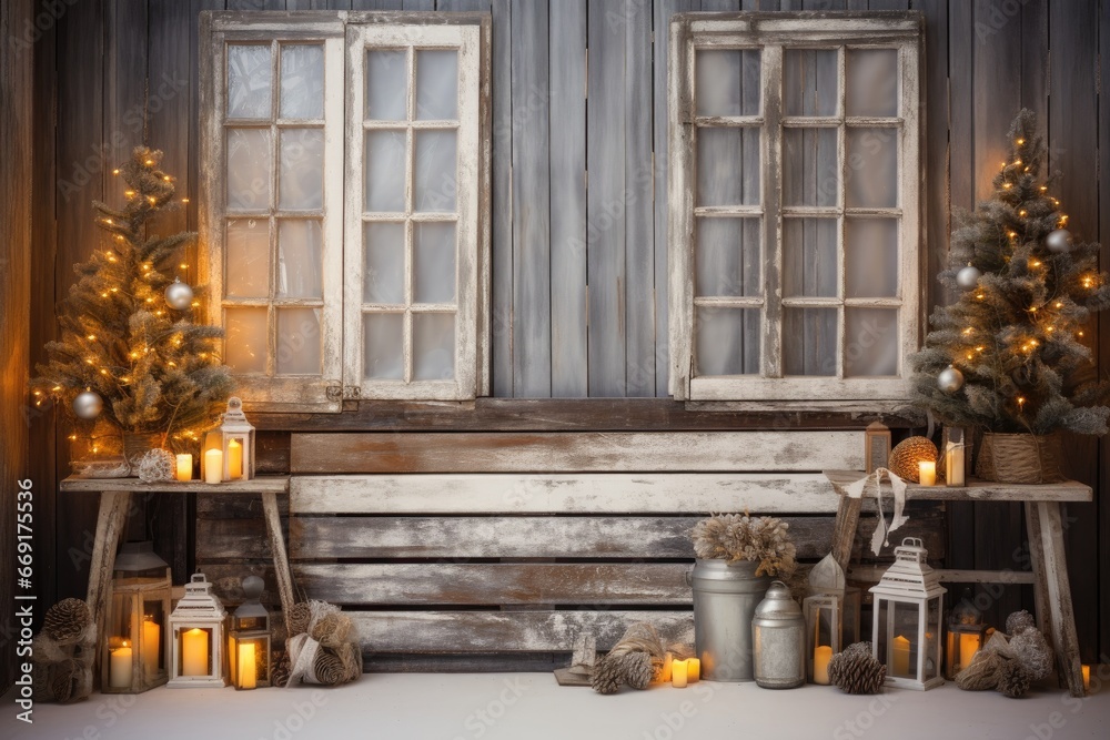 Wooden wall with christmas decoration and christmas gifts - obrazy, fototapety, plakaty 