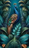 Tropical vintage peacock bird, palm tree and plant floral seamless border blue background. Exotic jungle wallpaper, Generative AI