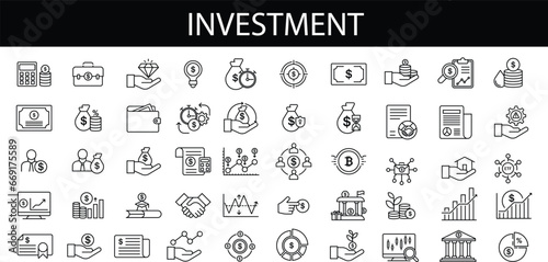 Investment icon set. Containing investor, mutual fund, asset, risk management, economy, financial gain, interest and stock icons. Solid icon collection photo