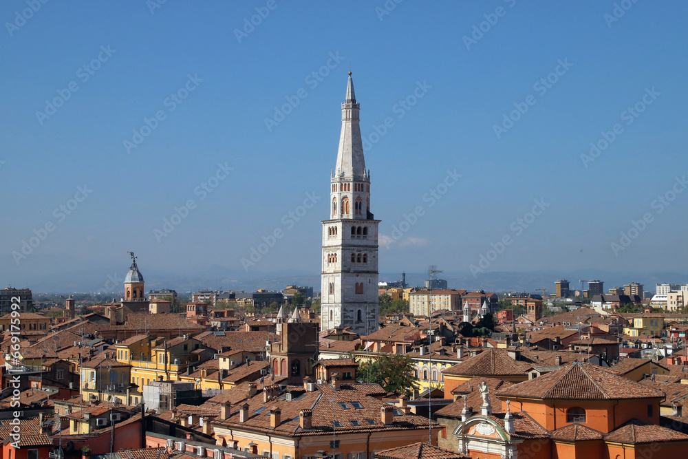 Modena, Emilia Romagna, Italy, Ghirlandina tower on the city skyline, symbol of the city, UNESCO tourist site