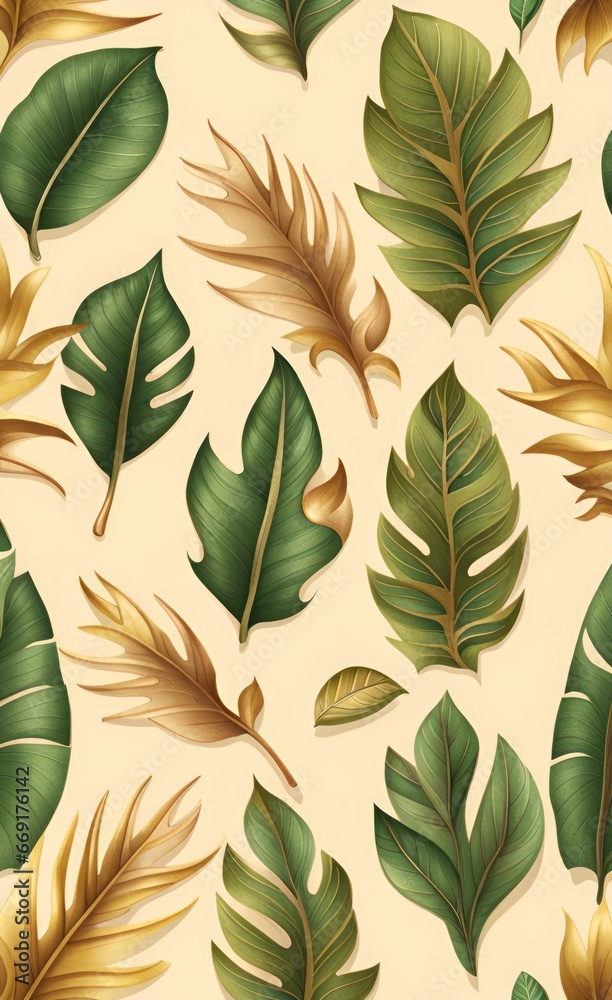 Vintage tropical green brown leaves, beige background, golden texture. Luxury mural, premium wallpaper. 3d painting illustration, watercolor design. Seamless border. Stylish cloth, paper, GenerativeAI
