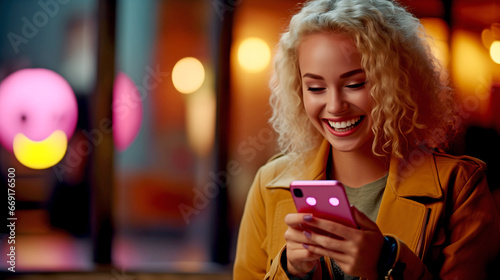 HAPPY LAUGHING YOUNG WOMAN WITH A SMARTPHONE IN HER HANDS COMMUNICATES ON SOCIAL NETWORKS. legal AI