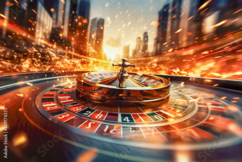 Casino abstract background of vibrant roulette wheel spins energetically on evening cityscape background with lightning and bokeh add to allure and excitement. Template  Copy space.