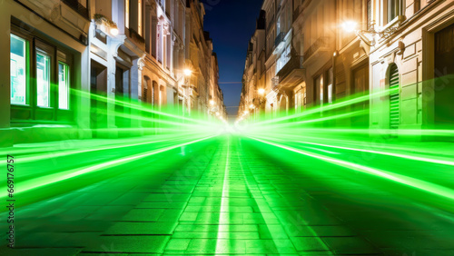 Background of city street at night, illuminated by intense green light trails streaking across the cobblestone pavement. Historic buildings line sides, bathed in soft glow from street lamps. Template