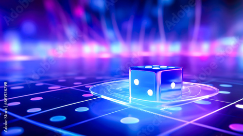Casino neon background of dice on gaming table with lightning. Gaming cube with iridescent holographic effect. Concept of online betting and risky games. Copy space photo