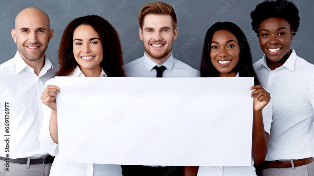 MULTIRACIAL HAPPY GROUP OF BUSINESS PEOPLE HOLDING BLANK PLACARD. legal AI MULTIRACIAL HAPPY GROUP OF BUSINESS PEOPLE HOLDING BLANK PLACARD. legal AI