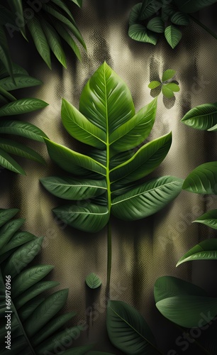Tropical green leafs on dirty grunge background. Design for wallpaper  photo wallpaper  fresco  etc  Generative AI