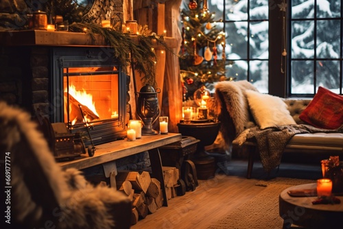 Cozy living room with candles  fireplace and christmas decorations. Vintage style. Interior of a cozy living room with a fireplace  a Christmas tree and gifts.