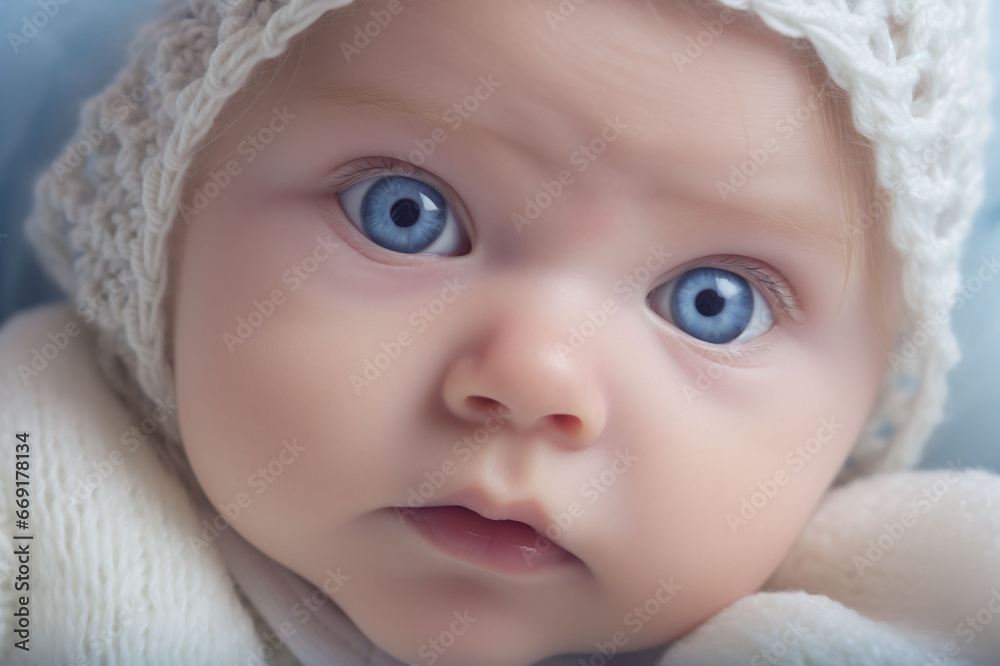 Close-up portrait of a child. Six-month-old baby, piercing gaze of blue eyes, vision, concentration, eye health, curiosity concept Close-up portrait of a child. Six-month-old baby, piercing gaze of blue eyes, vision, concentration, eye health, curiosity concept