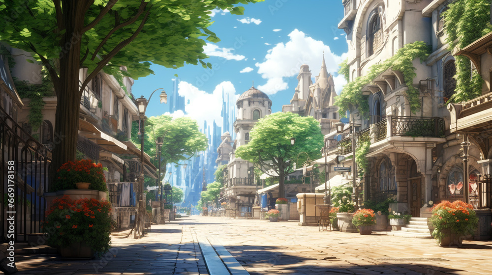 Obraz premium Illustration of japanese or fantasy eastern landscape. Street of a small city. Anime Like background. Digital painting. For Poster, invitation, flyer, banner, email, header. Generative Ai content