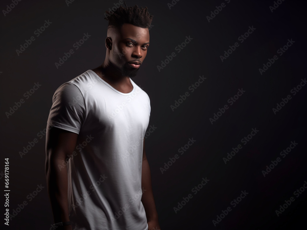 attractive african american man posing in white blank premium thin cotton t-shirt isolated on black background