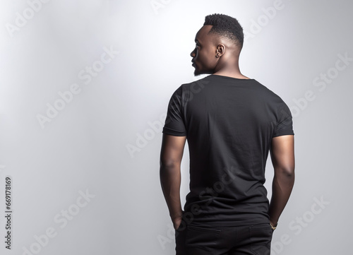 attractive african american man posing backside wearing black premium thin cotton blank t-shirt isolated on white background