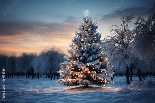 Christmas tree in the winter forest. Beautiful winter landscape with Christmas tree.  © vachom