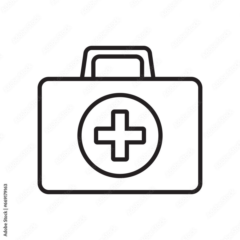 First aid box icon. First aid kit, Medical care bag icon symbol. Vector illustration. First aid box icon. First aid kit, Medical care bag icon symbol. Vector illustration.
